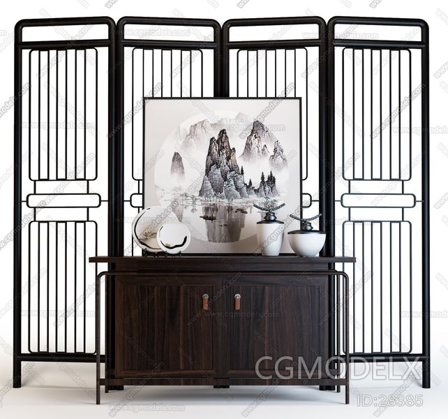 New Chinese Screen Porch Cabinet Ornament Combination 3D model [ID:28385]