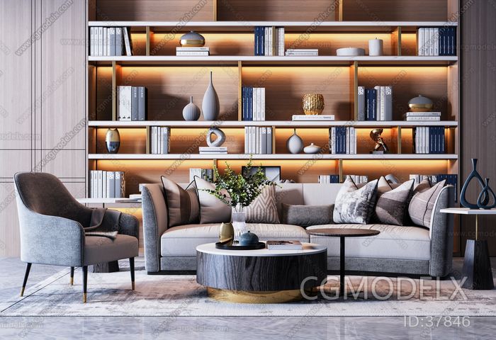 Modern Light Luxury Sofa Chair Tea Table Bookcase Combination 3D model ...