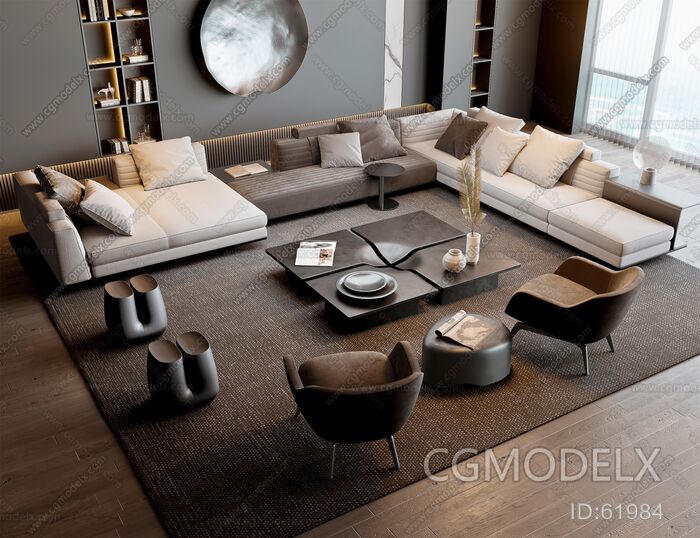 Milotti Minotti Modern Sofa Coffee Table Combination 3D Model [ID:61984]