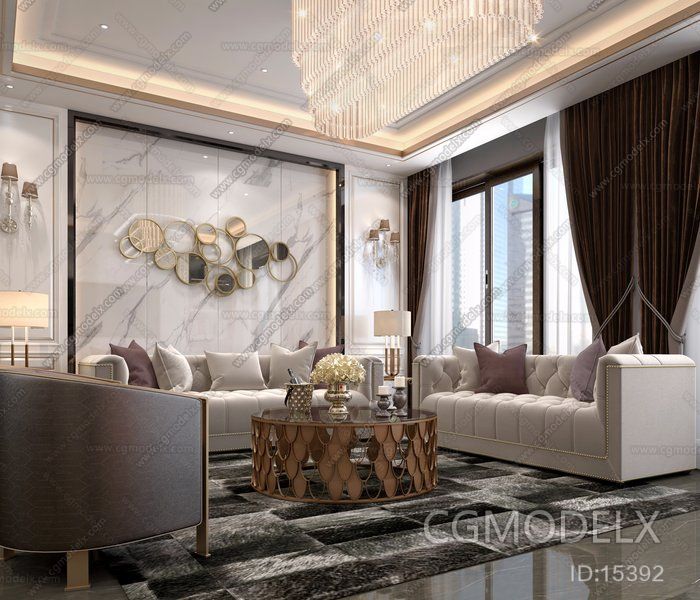 European Luxurious Living And Dining Room Kitchen 3D model [ID:15392]